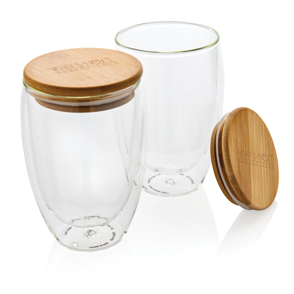 Double wall borosilicate glass with bamboo lid 350ml 2pc set - brendiran