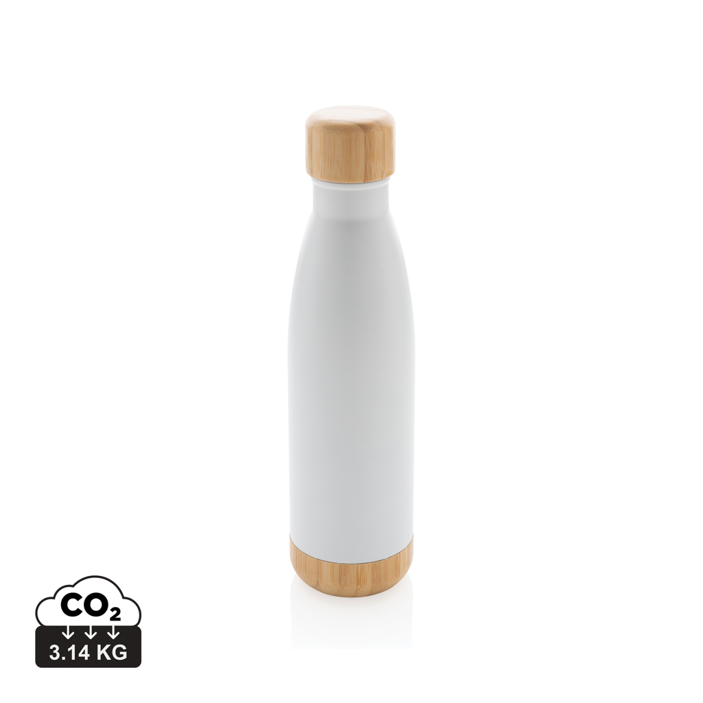 Vakuum rustfrit stål flaske med bambus låg og bund, hvid