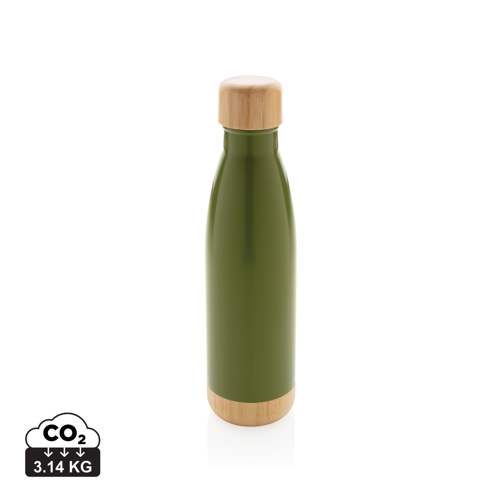 Vakuum rustfrit stål flaske med bambus låg og bund, grøn