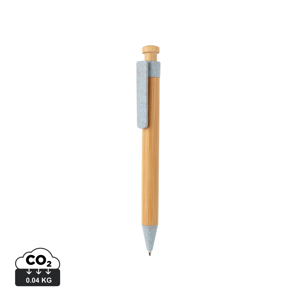 Bambus pen med clip i hvedestrå, blå