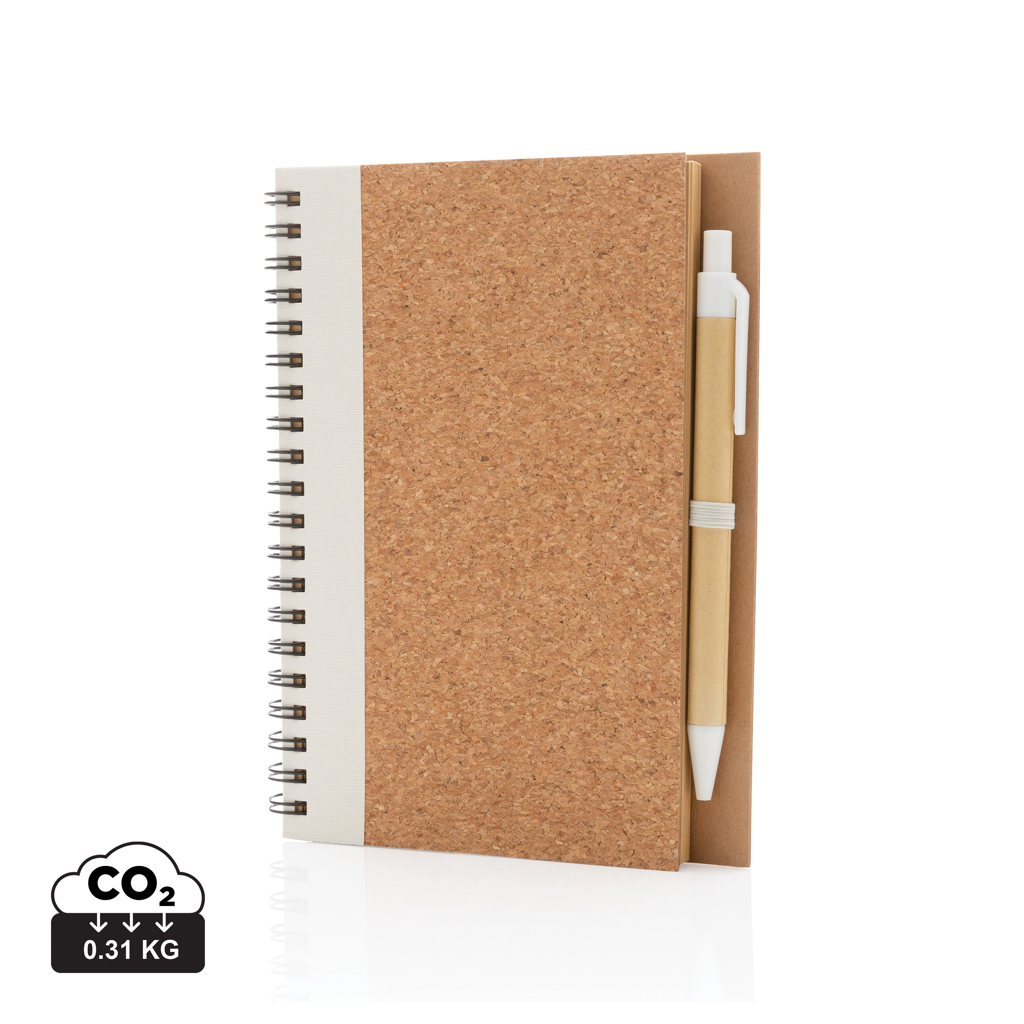 Kork spiral notesbog med pen, hvid