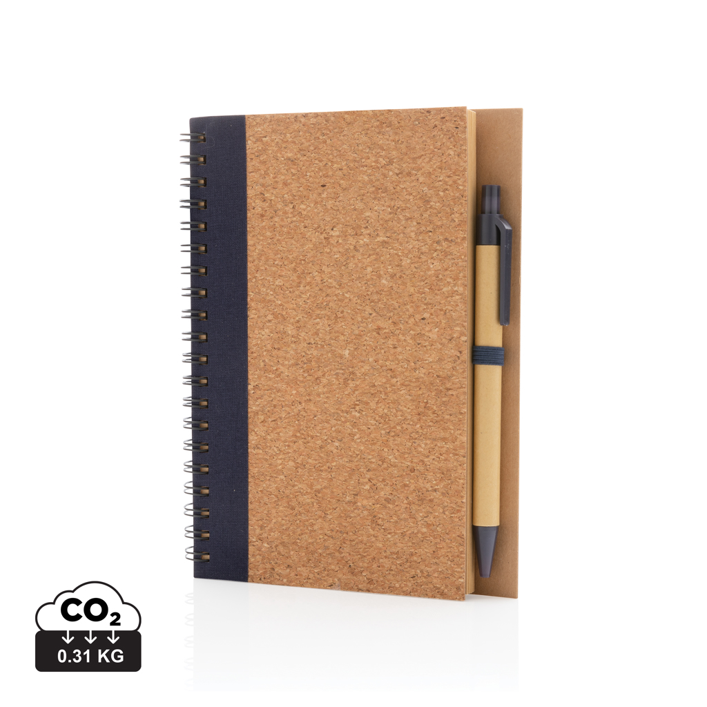 Kork spiral notesbog med pen, blå