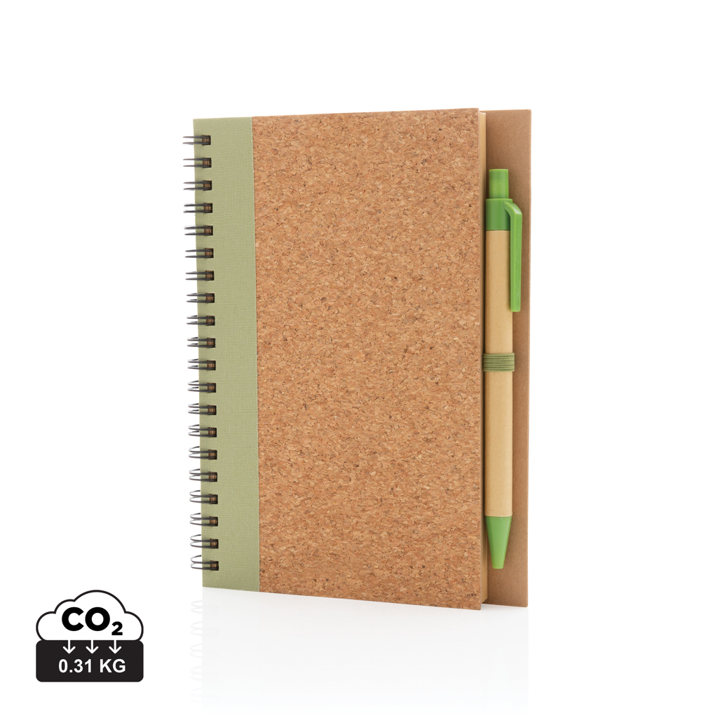 Kork spiral notesbog med pen, grøn